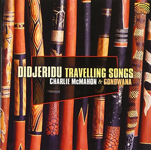 "CD cover featuring a collection of decorated didgeridoos with title text overlay."