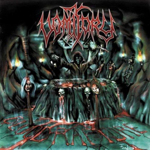 "Album cover art with hooded figures and skulls, dark, eerie atmosphere."