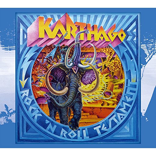 "Album cover with elephant-like creature and 'Karthago' in yellow, on blue background."