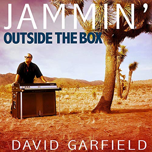 "Album cover featuring a man with a keyboard in a desert landscape with trees."