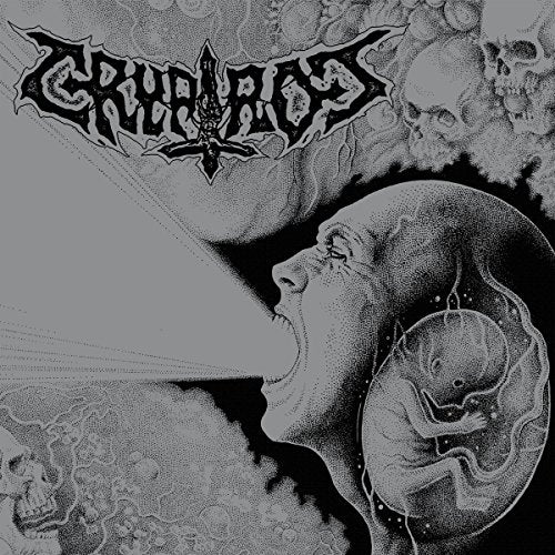 Black and white album cover with a fetus in a womb and skulls.