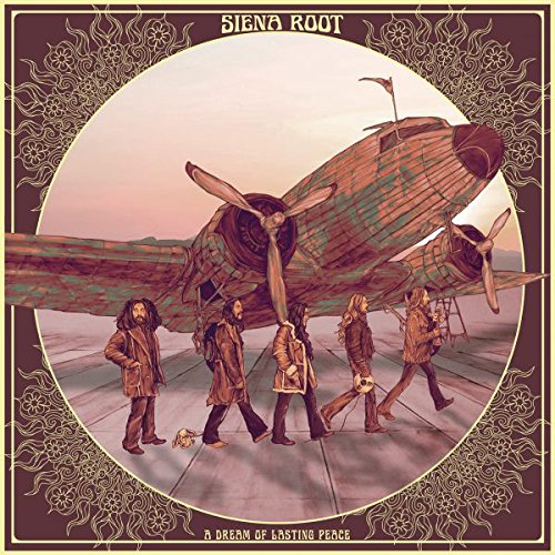 "Album cover art featuring five men walking past a vintage airplane, ornate border."