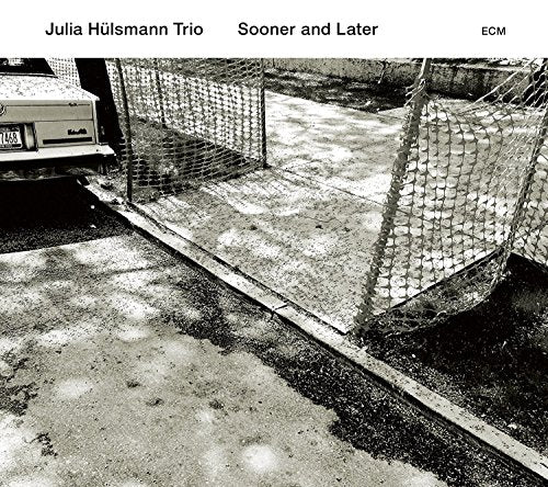 Black and white photograph of a wire mesh gate on a CD cover.