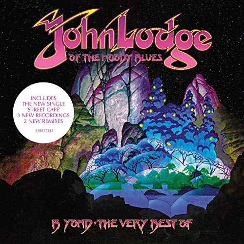 "Album cover with fantasy landscape, pink title text, and white circular sticker on black background."