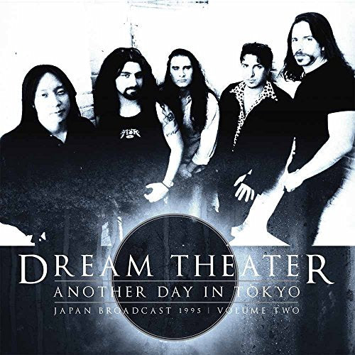 Black and white image of Dream Theater band members on vinyl album cover.