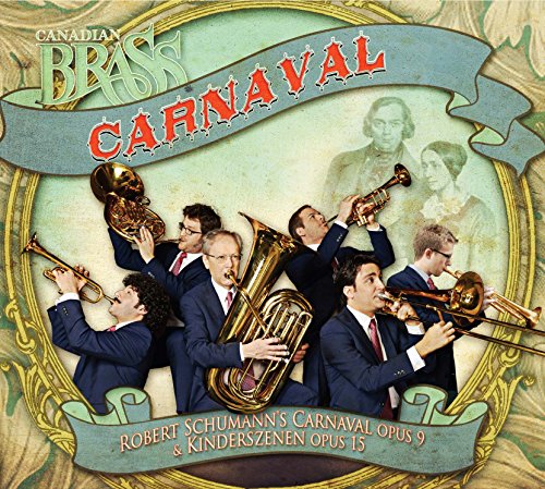 "CD cover featuring Canadian Brass musicians playing brass instruments, ornate frame, and banner."