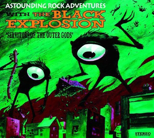 "Album cover art featuring two creatures looming over a village, green background."