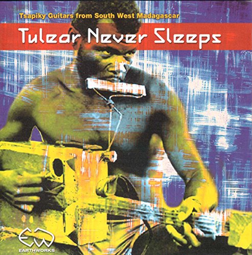 "Album cover with a man playing a guitar, abstract background, and 'Tulear Never Sleeps' title."