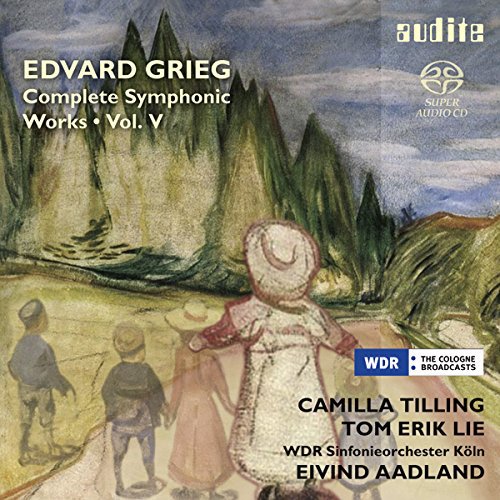 "CD cover with Edvard Grieg's 'Complete Symphonic Works Vol. 5' and scenic painting."