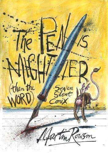 Book cover with a large pen and a small creature, yellow background.