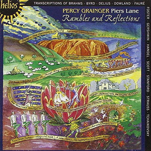 "Album cover with colorful, whimsical illustration of landscape and flower, featuring text and banners."