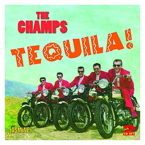 "CD cover featuring The Champs on motorcycles, wearing red suits, against a green background."