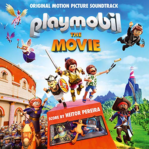 "Playmobil movie soundtrack CD cover featuring cartoon characters and a red van."