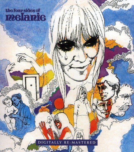 "Album cover featuring a sketched woman surrounded by multiple faces and colorful clouds."