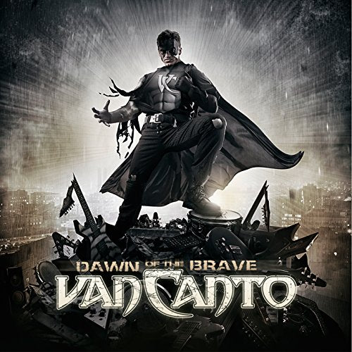 "Album cover featuring a dark, armored figure standing on a pile of wreckage."