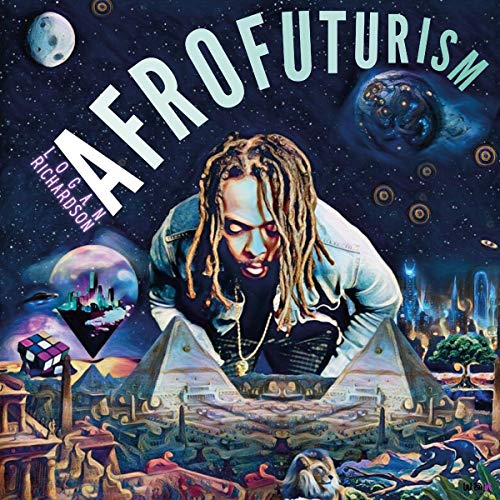 "Album cover with man surrounded by futuristic, space-themed artwork and 'Afrofuturism' title."