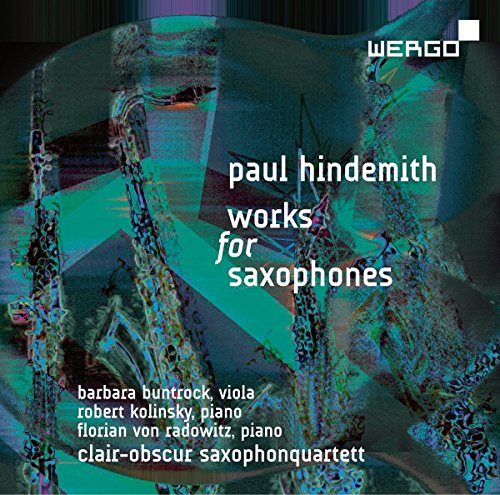 CD cover with saxophones and text "paul hindemith works for saxophones" in white font.