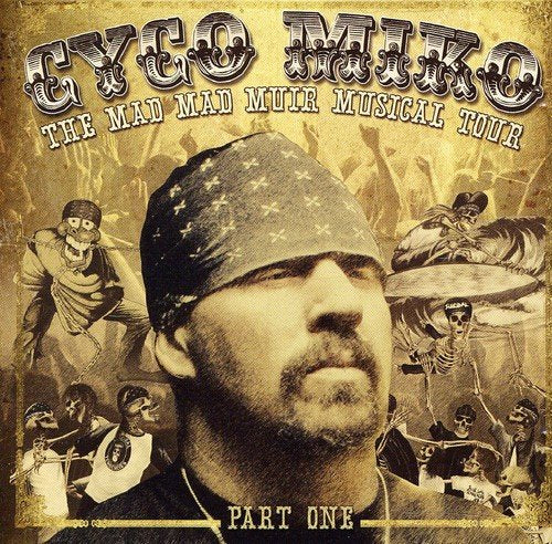 "CD cover with a man wearing a bandana surrounded by chaotic scenes."