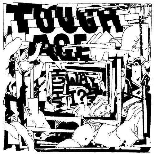 "Black and white vinyl record cover with abstract illustration and bold text."