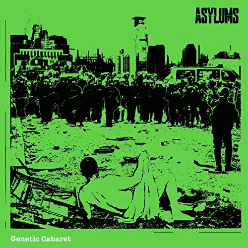 Album cover with green background, black image of crowd and person on ground.