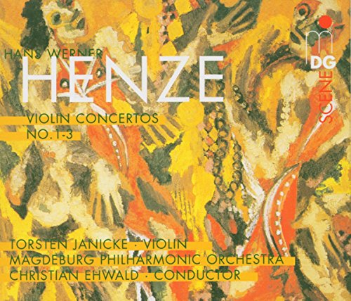 A CD cover featuring an abstract painting with the title "Henze: Violin Concertos" and artist names.