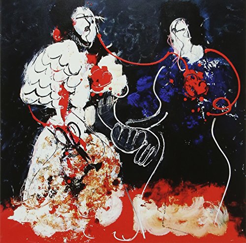 "Album cover featuring abstract painting of two women holding hands, with red and black hues."