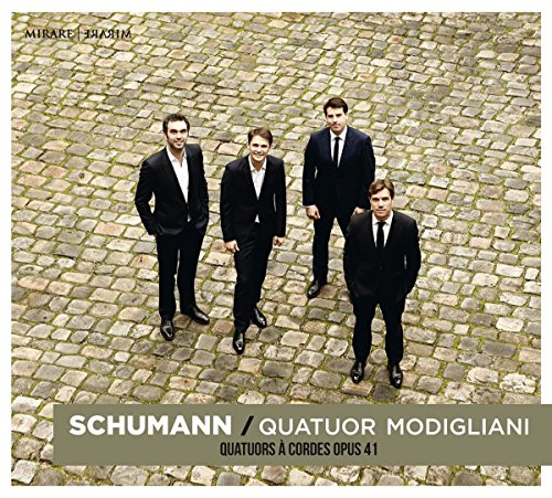 CD cover with four men in suits on cobblestone, Schumann/Quatuor Modigliani text.