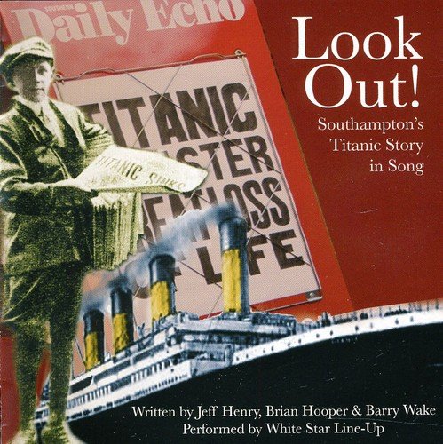 "Album cover with Titanic image, news clipping, and man holding newspaper on red background."