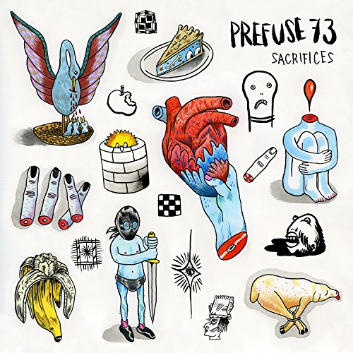 Album cover with cartoon illustrations and "Prefuse 73" and "Sacrifices" text.