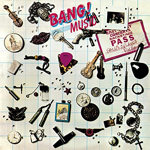"Album cover with 'Bang!' title, various objects, and 'Backstage Pass' on graph paper background."