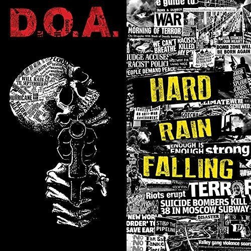 "Album cover with 'D.O.A.' in red, and 'Hard Rain Falling' in yellow on a collage background."