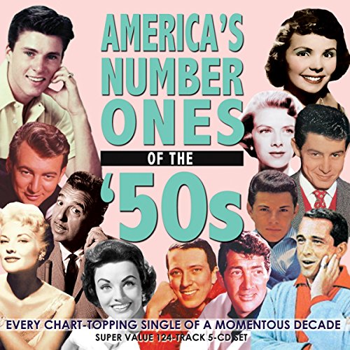 "CD cover with collage of 1950s musicians on pink background, titled 'America's Number Ones of the '50s'."