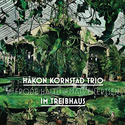 "CD cover featuring three suited men in a lush greenhouse with plants."