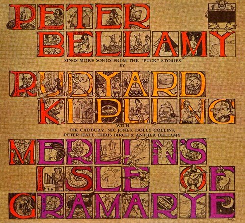 "Album cover with 'Peter Bellamy' and 'Merlin's Isle of Gramarye' in colorful lettering on a woodgrain background."