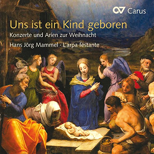 A Christmas CD cover featuring a nativity scene painting with angels and figures.