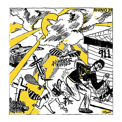 "Vinyl record cover with black and yellow comic illustration of man and demons."