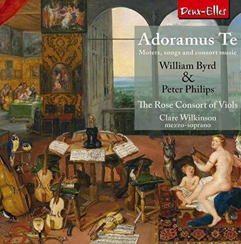 "CD cover featuring a Renaissance-style painting of a room with musical instruments and text overlay."