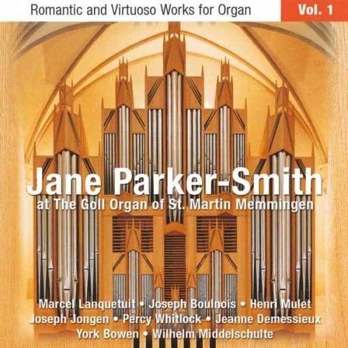 "CD cover featuring a pipe organ with white text overlay listing the artist and composers."