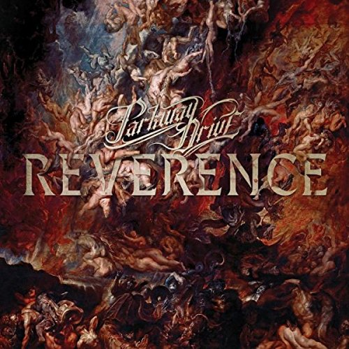 "Album cover for Parkway Drive - Reverence, featuring ornate gold text on a dark background."