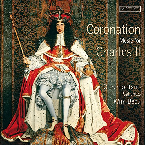 CD cover featuring King Charles II in coronation attire, holding a sceptre, on ornate background.