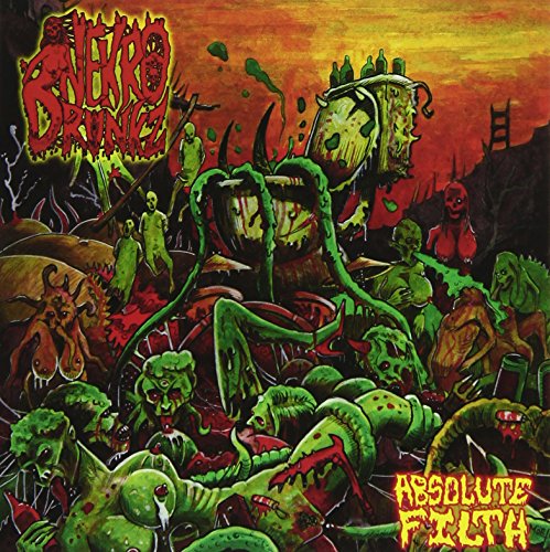 "Album cover art: grotesque, green creatures in a chaotic, hellish scene with red sky."