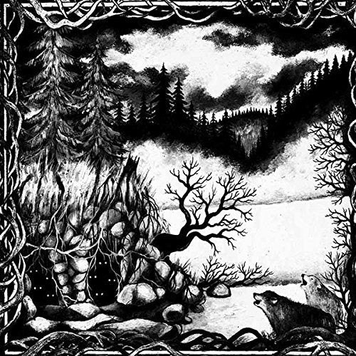 Black and white illustration of a wolf howling in a forest landscape with twisted trees.