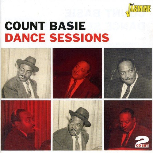 "Album cover with six photos of Count Basie, titled 'Count Basie Dance Sessions'."