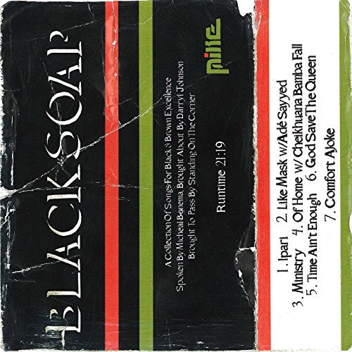 Black CD case cover with "BLACKSOAP" in white, red and green stripes, and tracklist.