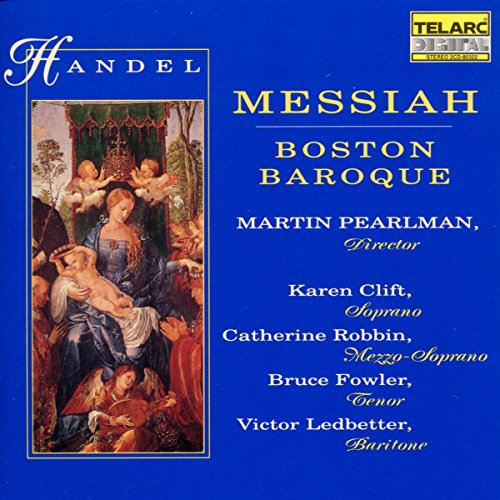 "Blue CD cover with 'Handel Messiah' text and a Renaissance painting of the Nativity."