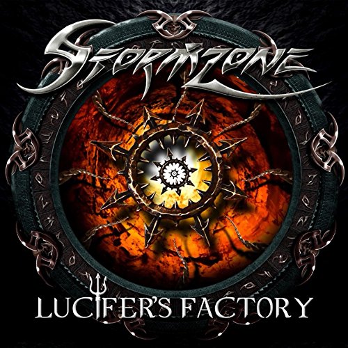 Album cover with spiked metal ring and fiery center, titled "Stormzone - Lucifer's Factory".