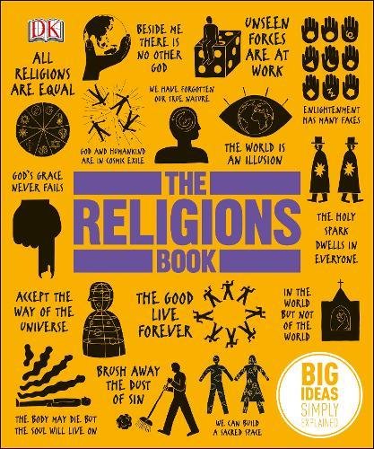 "The Religions Book" cover with yellow background, purple title, and various religious symbols and phrases.