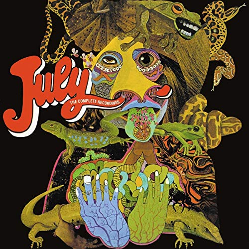 "Album cover art featuring colorful, psychedelic illustration of lizards and hands on black background."