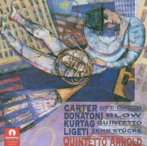 "CD cover with abstract painting of a man holding a horn, text overlay."