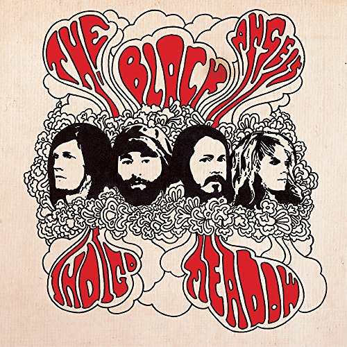 "Album cover with four black and white portraits surrounded by clouds and red text."